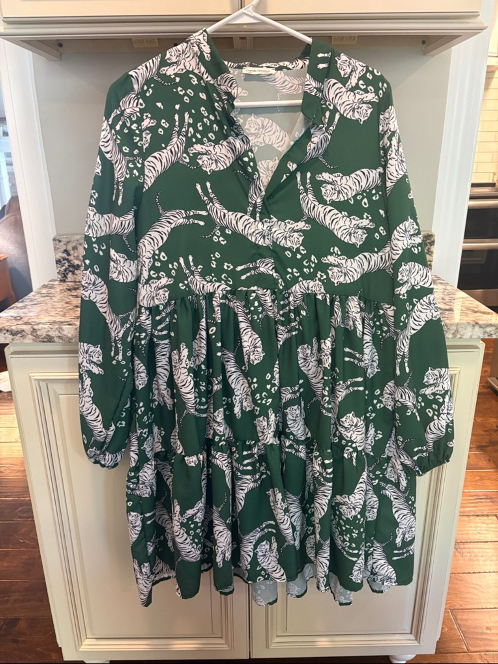 Green Tiger Print Tiered Shirt Dress